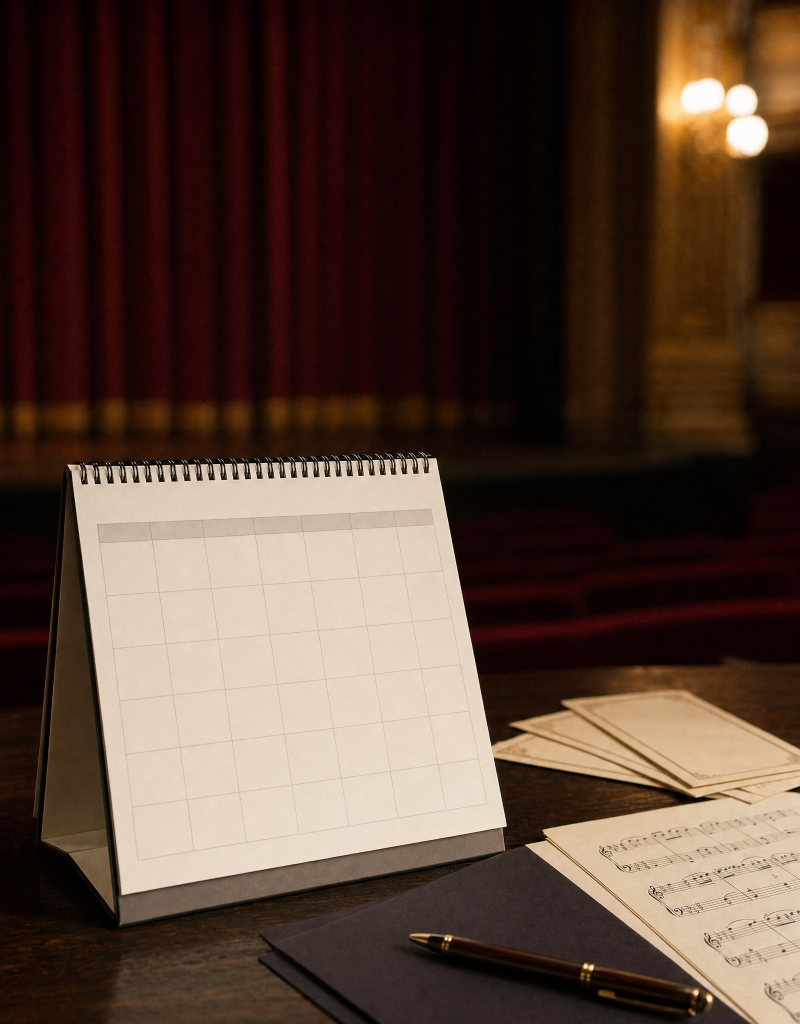 Calendario ilustrativo de actuaciones junto a entradas de concierto y una partitura